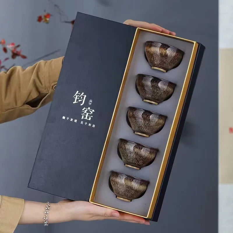 5Pcs/Set Kiln Change Ceramic Tea Cup Set Tea Bowl Kung Fu Tea Set Master Cup Small Teacup Teaware Retro Chinese Tea Set Gift Box