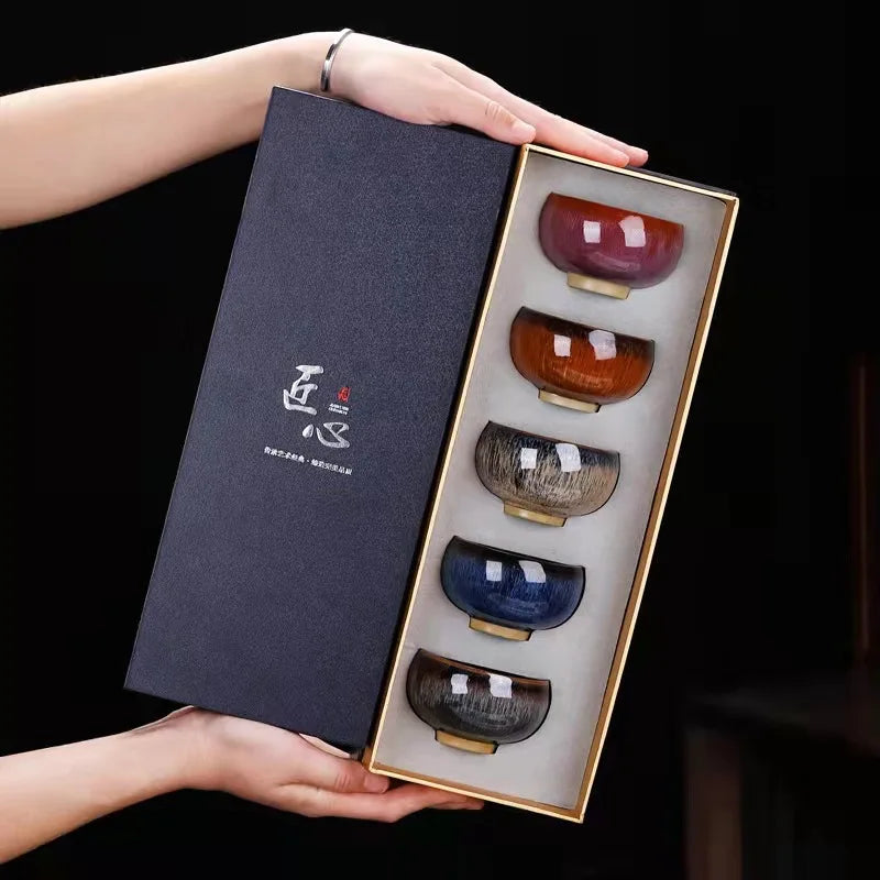 5Pcs/Set Kiln Change Ceramic Tea Cup Set Tea Bowl Kung Fu Tea Set Master Cup Small Teacup Teaware Retro Chinese Tea Set Gift Box