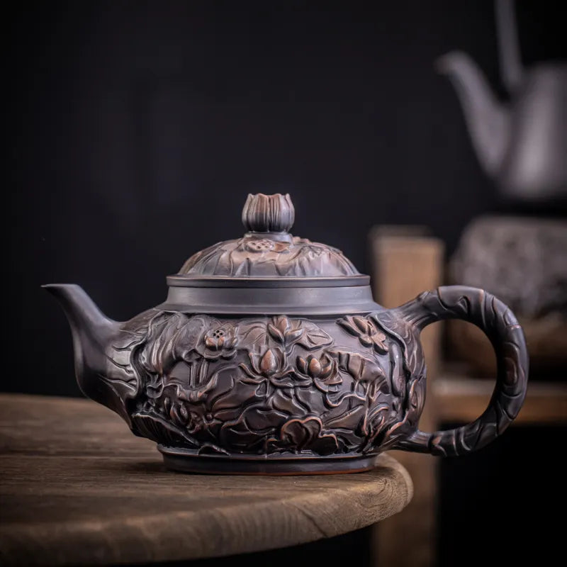 Purple Pottery Teapot Hand Carving Ceramic Drink Pot Kettle Pot Kung Fu Tea Set Pure Teapot Teapot for Tea Puer Tea