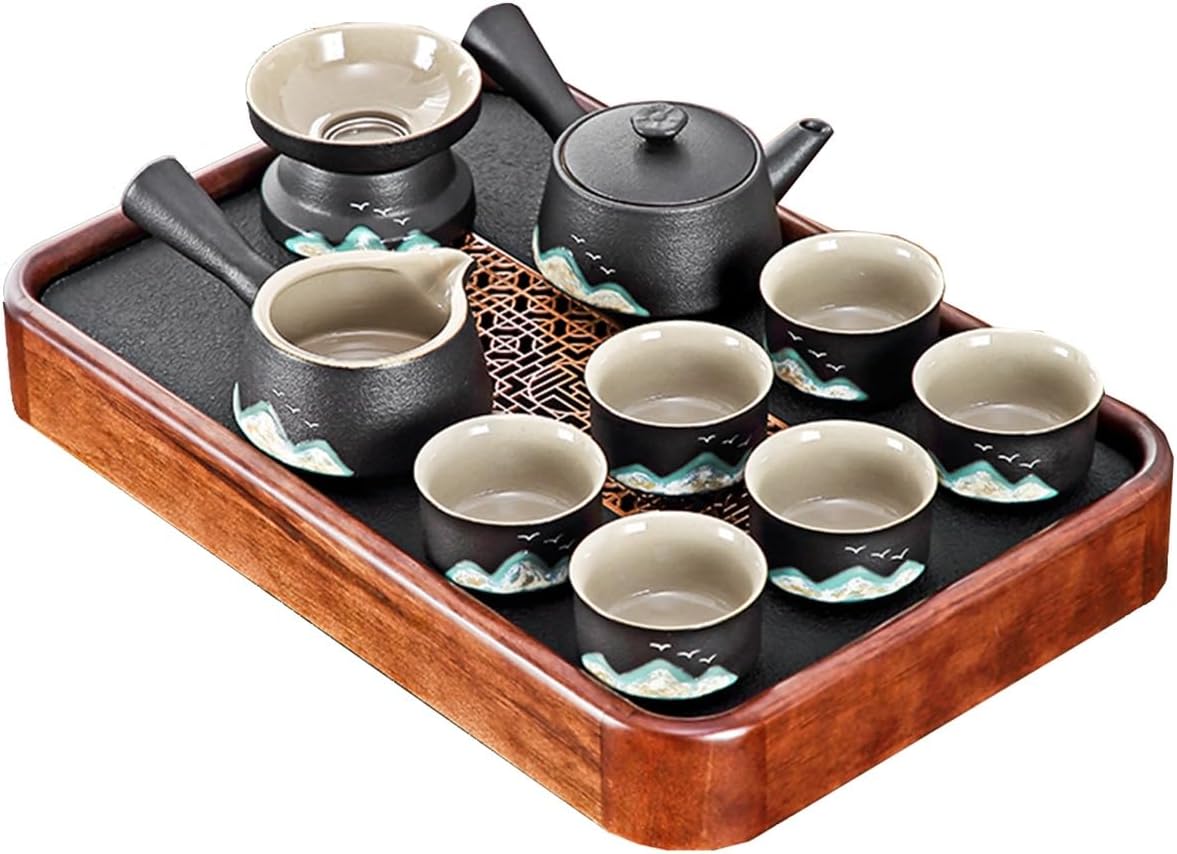 GIZNXBA Tea Set Home Office with Side Handle Pots, Side Handle Cups, Tea Drain Set, Teacups, Tea Tray, Chic Ceramic Dry Bubble Tray Tea Set, Tea Party Set for Tea Lover (Color : /Black, Size : B)