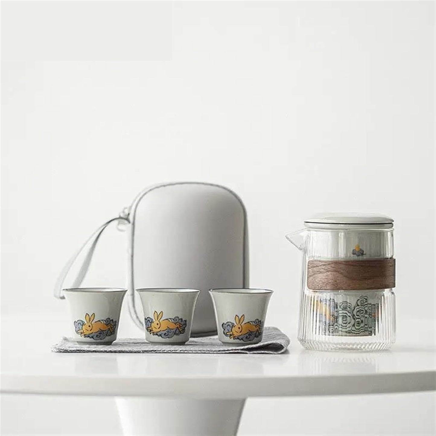Afternoon Tea Set Chinese Boutique Travel Tea Pot Set Outdoor Portable Ceramics Moon Rabbit Sample Tea Cup Tea Maker Cups Tea Cloth 1 Pot 3 Cups Tea Set For Adults