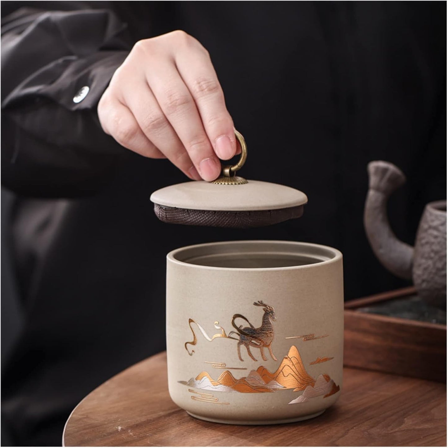 New Coarse Pottery Tea Cans Tea Sealing Jars Tea Cans Black Tea Puerh Storage Jars Storage Jars Gift Boxes (Color : Rising Sun)