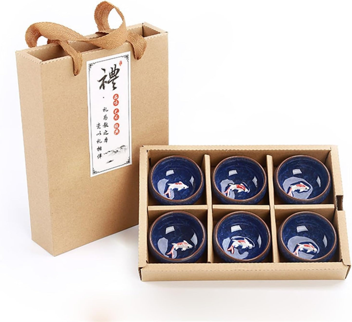 HMLTD Chinese/Japanese Tea Set Gift Package 6pcs 3D Golden Fish China tea cup set,Kung Fu Tea Set Crackle Glaze Travel Tea Bowl Chinese Teacup Sets Portable Teapot Set Tea Gift set (Size : C)