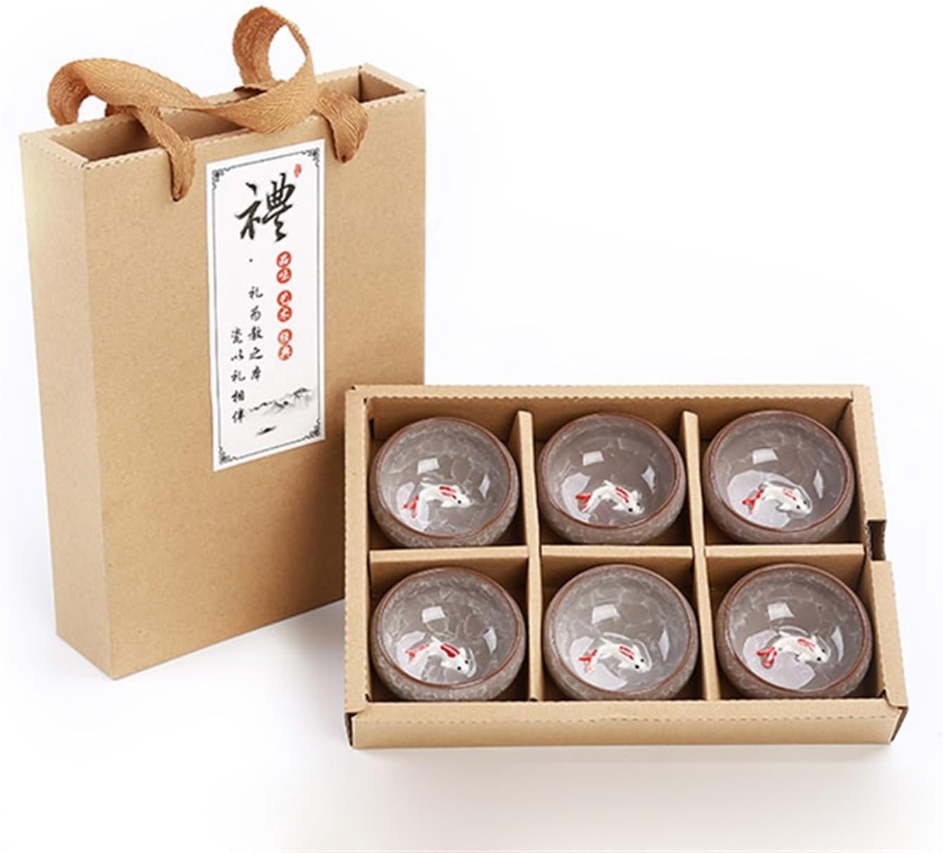 HMLTD Chinese/Japanese Tea Set Gift Package 6pcs 3D Golden Fish China tea cup set,Kung Fu Tea Set Crackle Glaze Travel Tea Bowl Chinese Teacup Sets Portable Teapot Set Tea Gift set (Size : C)
