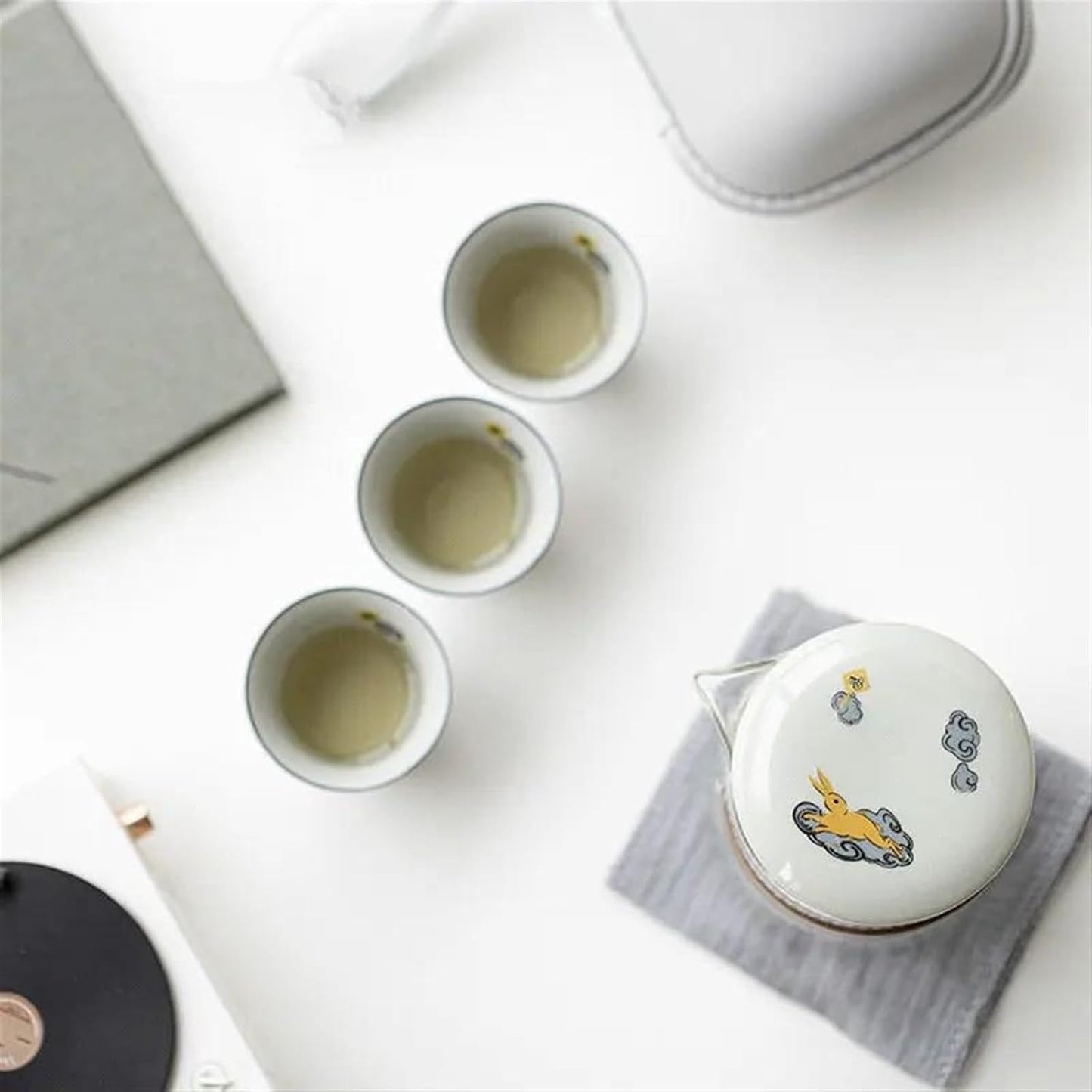 Afternoon Tea Set Chinese Boutique Travel Tea Pot Set Outdoor Portable Ceramics Moon Rabbit Sample Tea Cup Tea Maker Cups Tea Cloth 1 Pot 3 Cups Tea Set For Adults