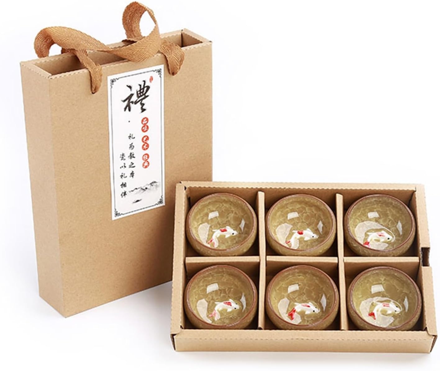 HMLTD Chinese/Japanese Tea Set Gift Package 6pcs 3D Golden Fish China tea cup set,Kung Fu Tea Set Crackle Glaze Travel Tea Bowl Chinese Teacup Sets Portable Teapot Set Tea Gift set (Size : C)