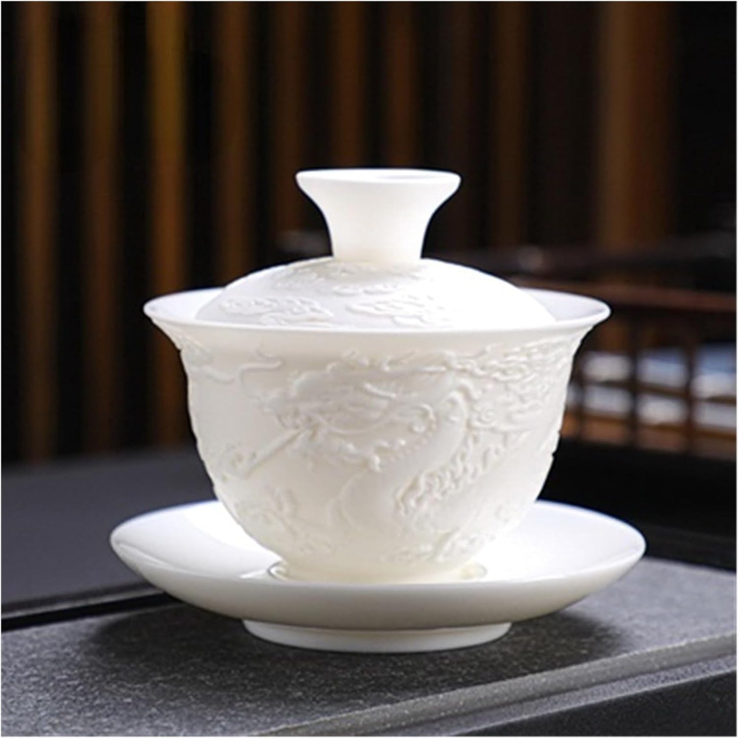 Chinese/Japanese Tea Set Ceramics Gaiwan 150ml relief dragon and phoenix pattern kung fu tea maker drinkware tea set tea bowls set Portable Teapot Set Tea Gift set (Size : Embossed Dragon)