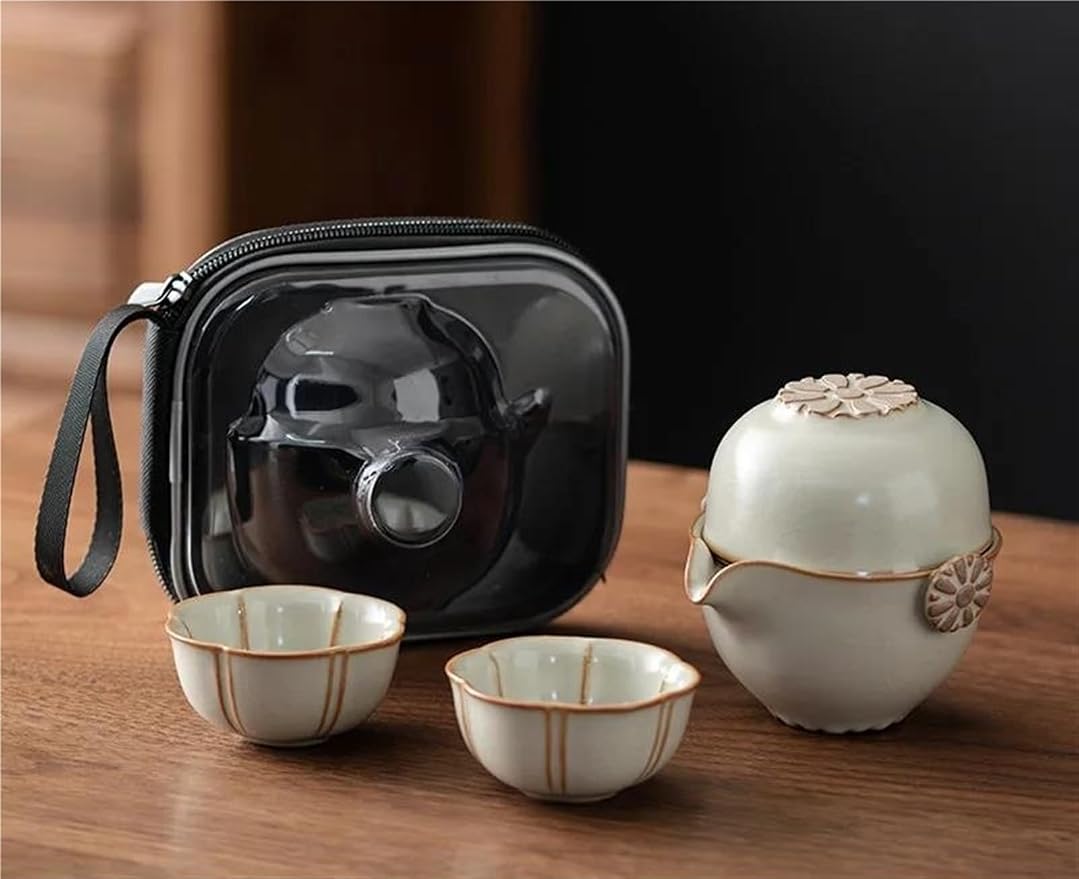 FUTWIZ Afternoon Tea Set Crean Yellow Ru Kiln Tea Set Kit Aesthetic Teapot and Cup Set Set of Cups 1 Pot 2 Cups Household Tea Maker Portable Bag Teaware Tea Set for Adults (Color : A)