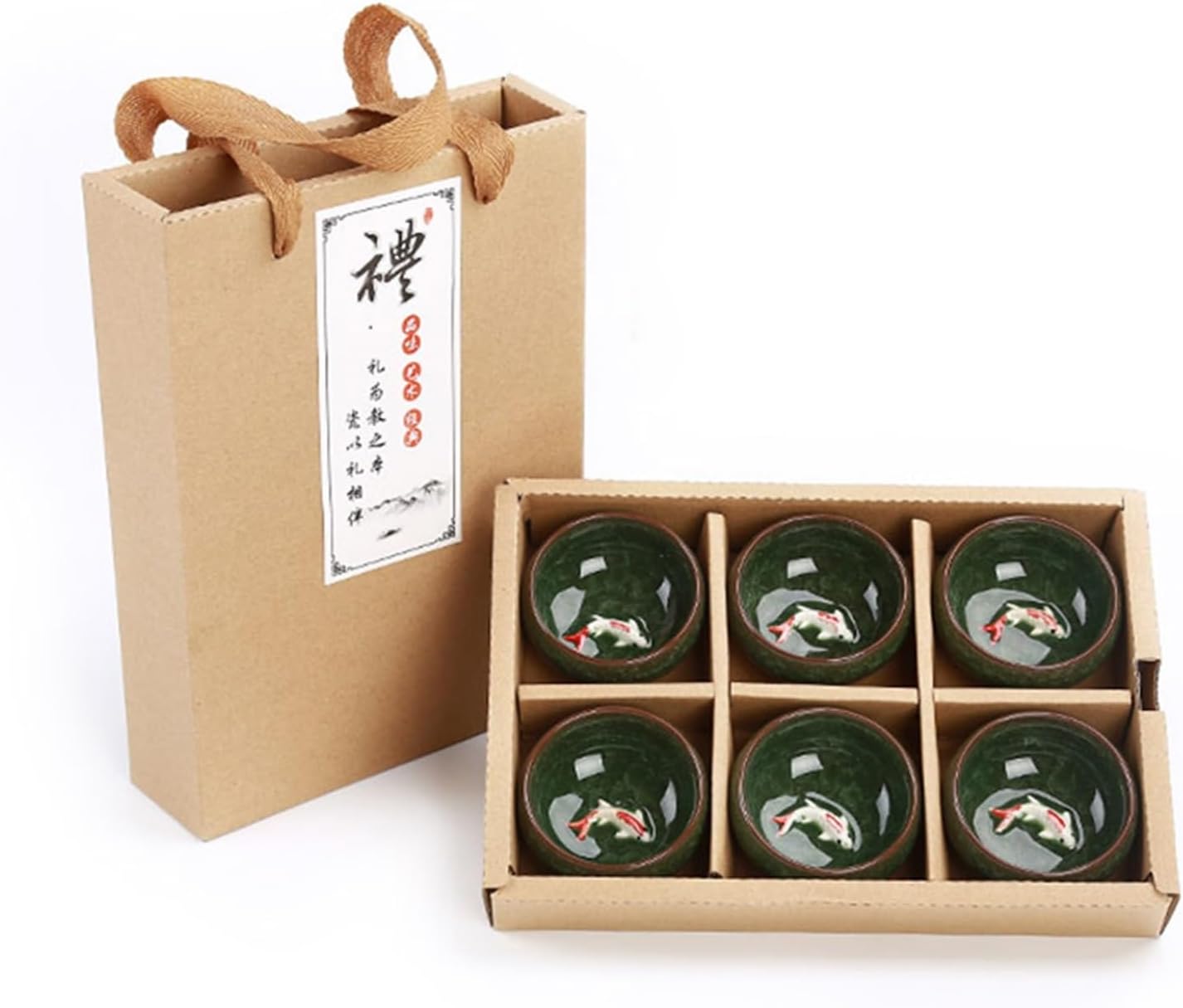 HMLTD Chinese/Japanese Tea Set Gift Package 6pcs 3D Golden Fish China tea cup set,Kung Fu Tea Set Crackle Glaze Travel Tea Bowl Chinese Teacup Sets Portable Teapot Set Tea Gift set (Size : C)