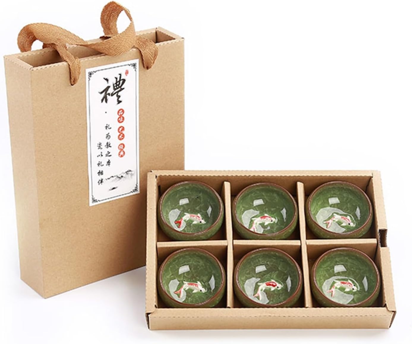 HMLTD Chinese/Japanese Tea Set Gift Package 6pcs 3D Golden Fish China tea cup set,Kung Fu Tea Set Crackle Glaze Travel Tea Bowl Chinese Teacup Sets Portable Teapot Set Tea Gift set (Size : C)