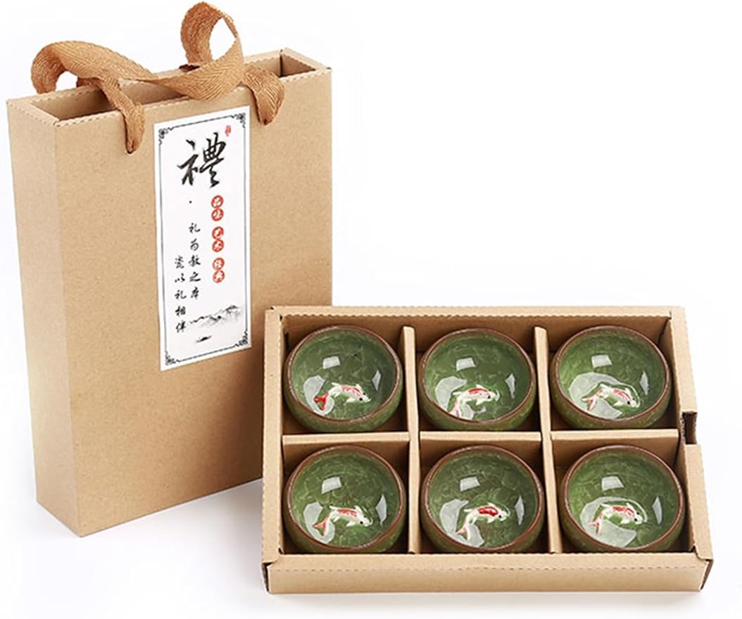 HMLTD Chinese/Japanese Tea Set Gift Package 6pcs 3D Golden Fish China tea cup set,Kung Fu Tea Set Crackle Glaze Travel Tea Bowl Chinese Teacup Sets Portable Teapot Set Tea Gift set (Size : C)