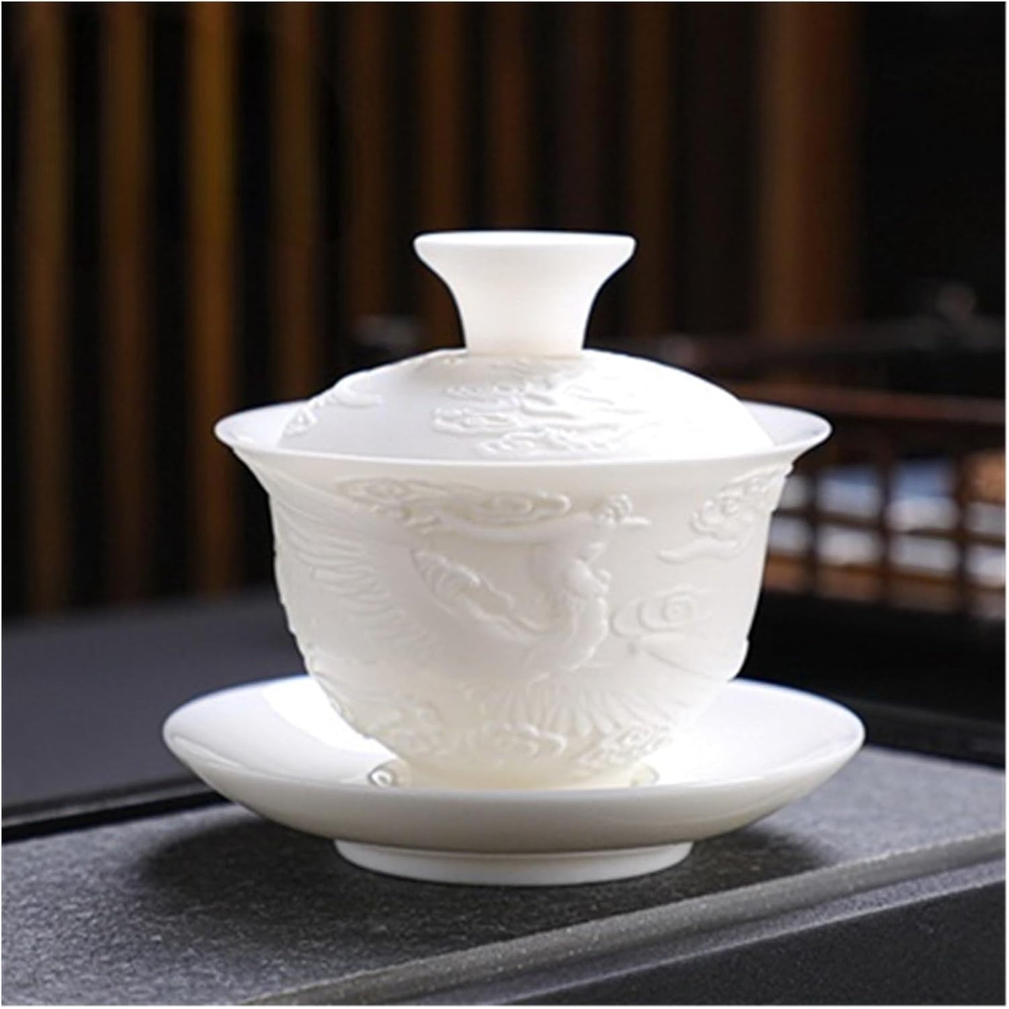 Chinese/Japanese Tea Set Ceramics Gaiwan 150ml relief dragon and phoenix pattern kung fu tea maker drinkware tea set tea bowls set Portable Teapot Set Tea Gift set (Size : Embossed Dragon)