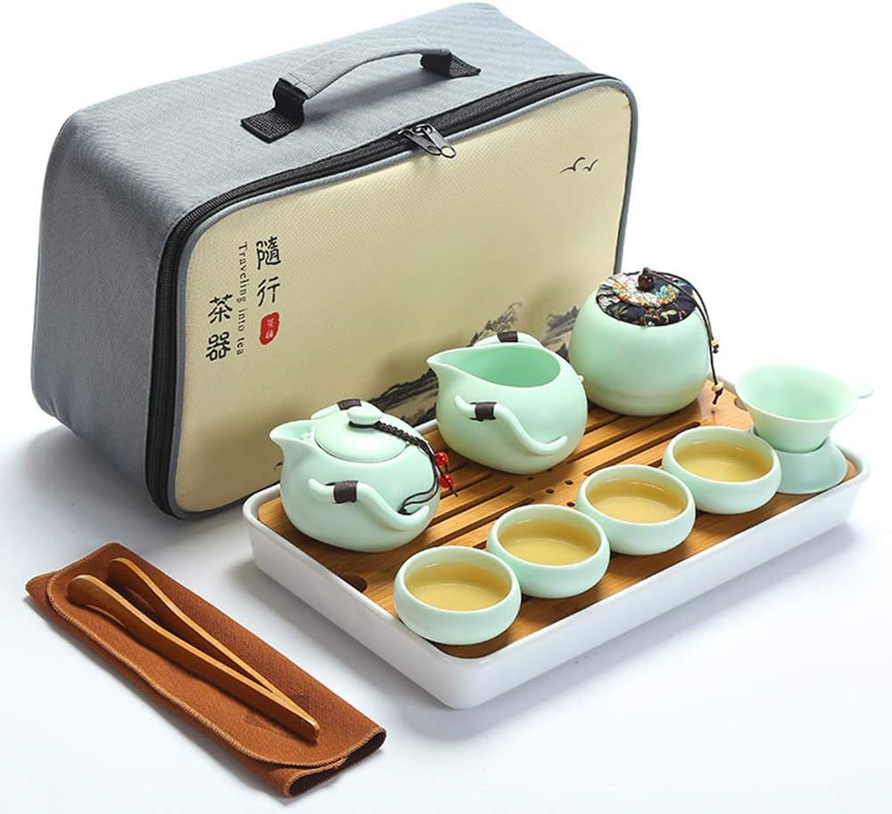 fanquare Portable Travel Tea Set,Handmade Kungfu Tea Set,Porcelain Teapot,Teacups,Bamboo Tea Tray with a Portable Travel Bag,Black