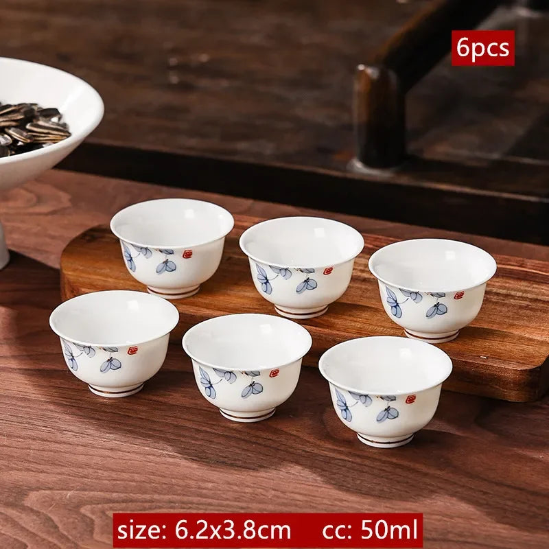 6Pcs Chinese White Porcelain Tea Cup Creative Handmade Ceramic Small Tea Bowl Household Wine Glass Teacup Tea Set Accessories