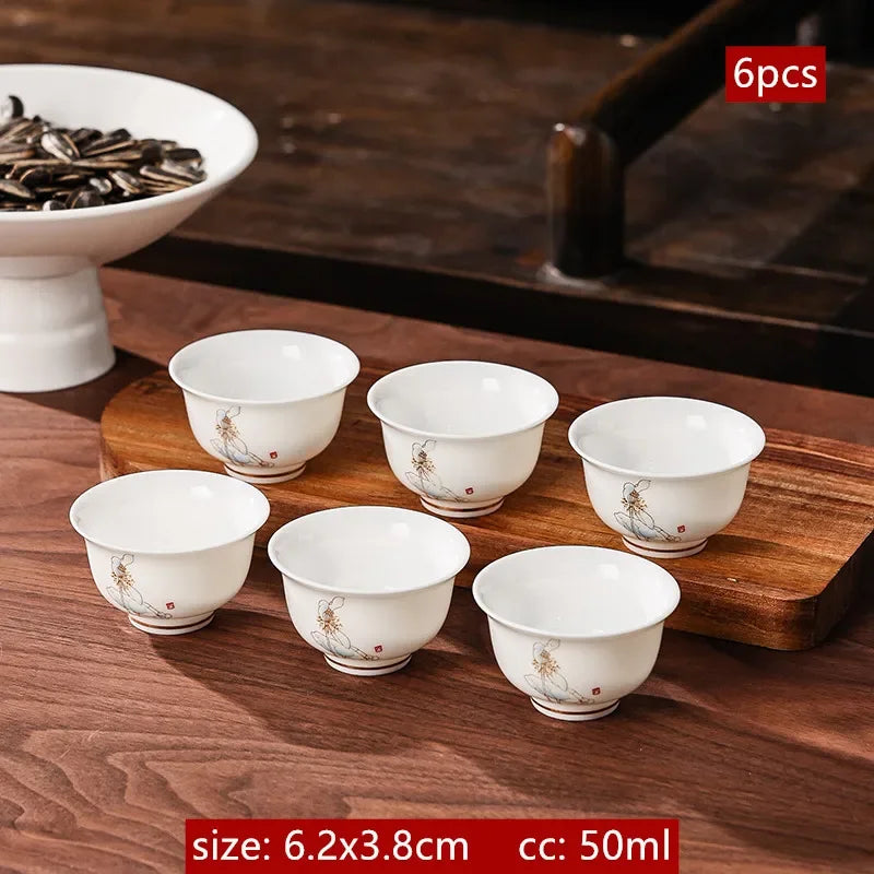 6Pcs Chinese White Porcelain Tea Cup Creative Handmade Ceramic Small Tea Bowl Household Wine Glass Teacup Tea Set Accessories