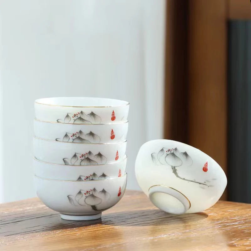 6pcs Ceramic Tea Cup Set Exquisite White Porcelain Tea Set Kung Fu Tea Ceremony Accessories Chinese Bowl Cup for Coffee Teacups