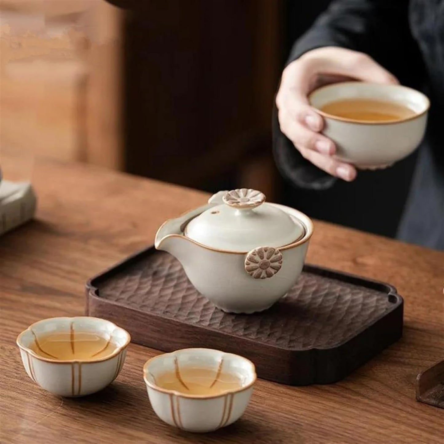 FUTWIZ Afternoon Tea Set Crean Yellow Ru Kiln Tea Set Kit Aesthetic Teapot and Cup Set Set of Cups 1 Pot 2 Cups Household Tea Maker Portable Bag Teaware Tea Set for Adults (Color : A)