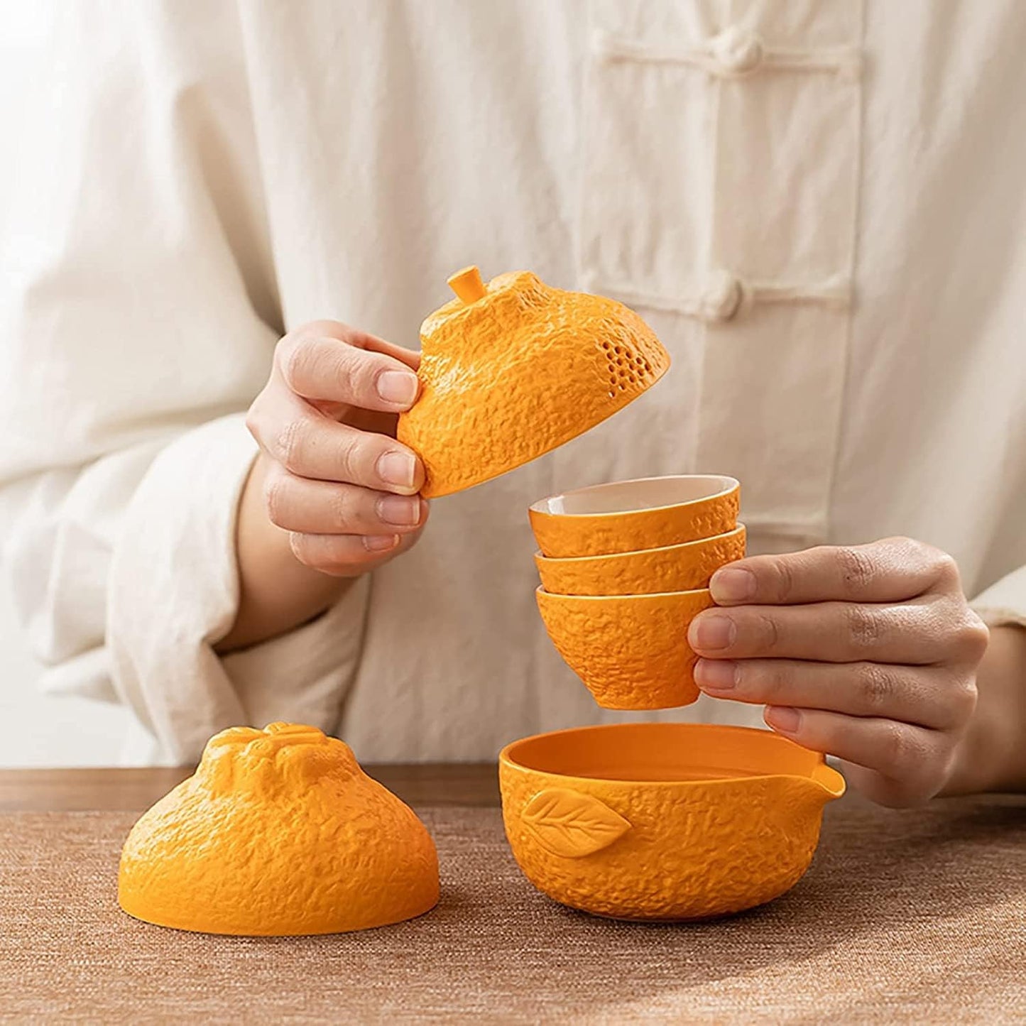 HSHTTKL Upgraded Handmade Tea Set Travel Kung Fu Tea Cup Orange Styling Organized Portable Teapot Set Porcelain Ceramic Tea Set Gift Tea Cup