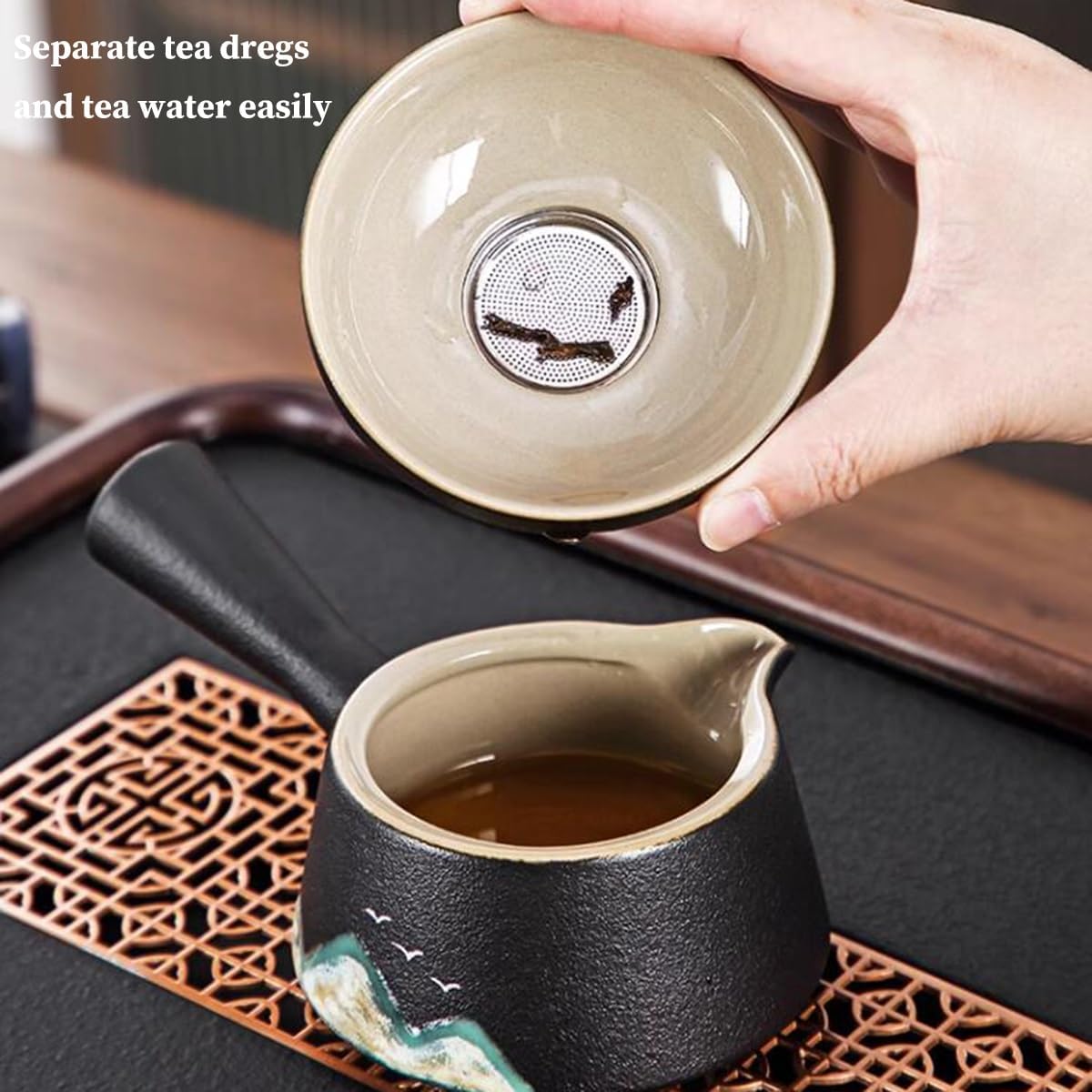 GIZNXBA Tea Set Home Office with Side Handle Pots, Side Handle Cups, Tea Drain Set, Teacups, Tea Tray, Chic Ceramic Dry Bubble Tray Tea Set, Tea Party Set for Tea Lover (Color : /Black, Size : B)