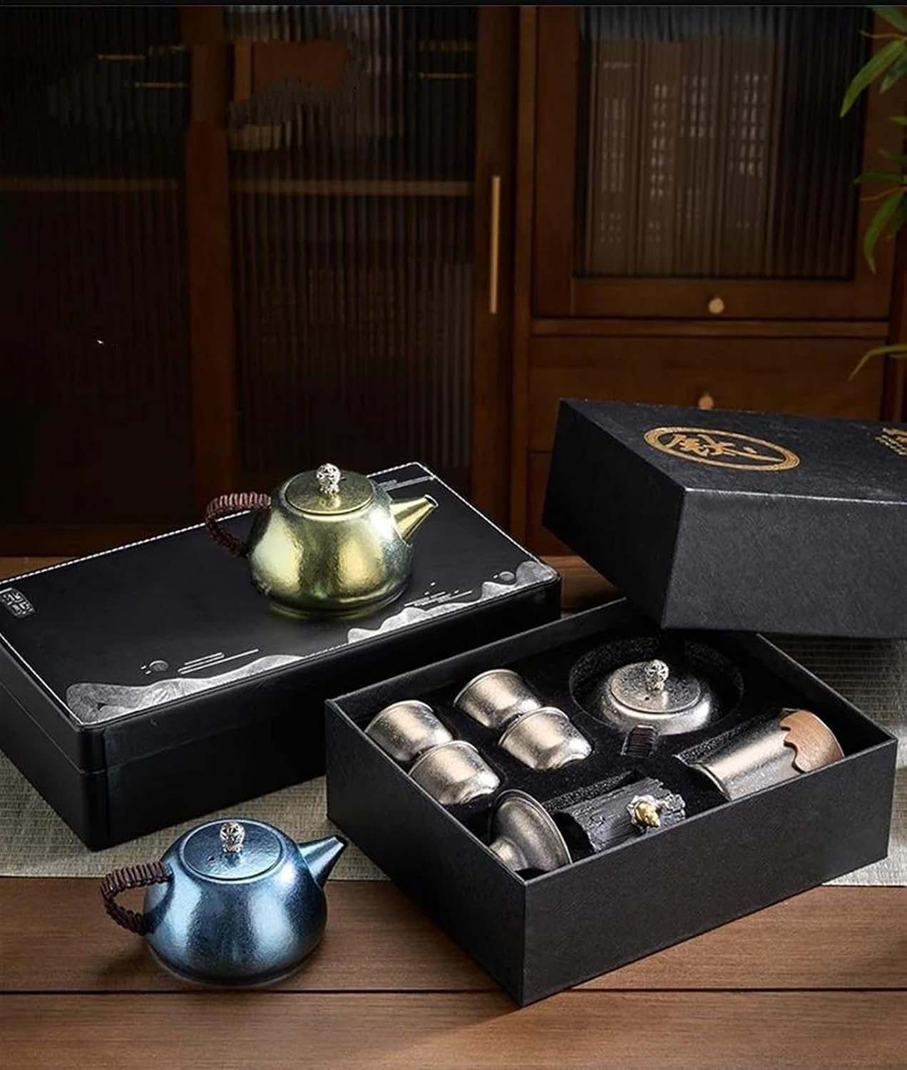 Afternoon Tea Set Chinese Tea Set with Box Pure Titanium Tea Pot Tea Cup Set High Grade Heat Resistant Round Kung Fu Tea Puer Tea Set Tea Set for Adults (Color : Golden)