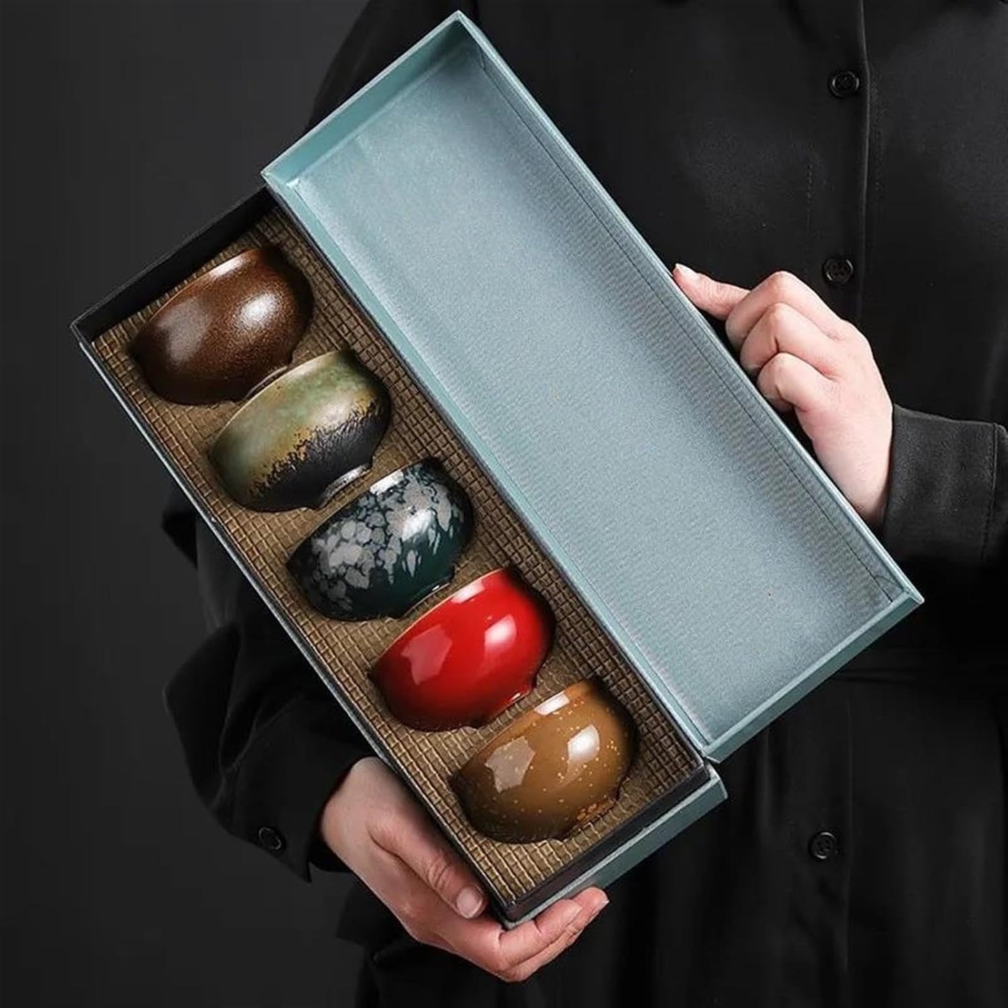 Afternoon Tea Set Coarse Pottery Five Elements Cups Ceramic Tea Cup Set Kung Fu Tea Set Kiln Transformation Teacup Retro Chinese Tea Bowl Gift Box Tea Set For Adults