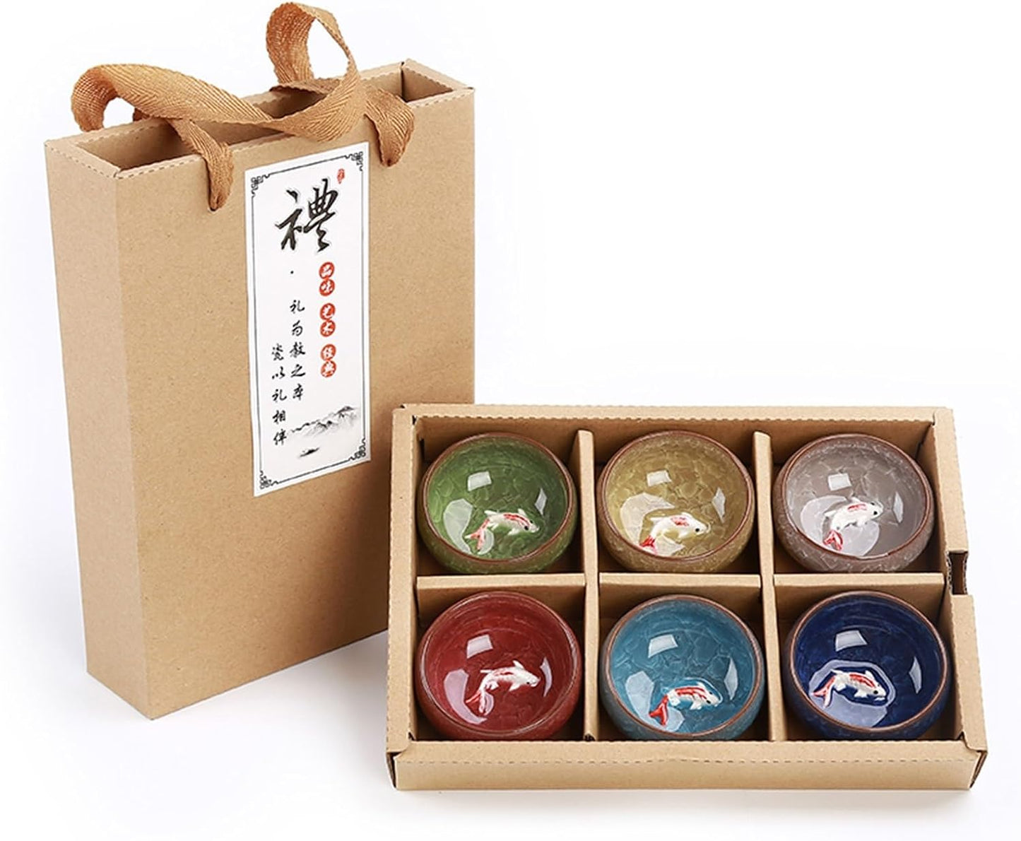 HMLTD Chinese/Japanese Tea Set Gift Package 6pcs 3D Golden Fish China tea cup set,Kung Fu Tea Set Crackle Glaze Travel Tea Bowl Chinese Teacup Sets Portable Teapot Set Tea Gift set (Size : C)