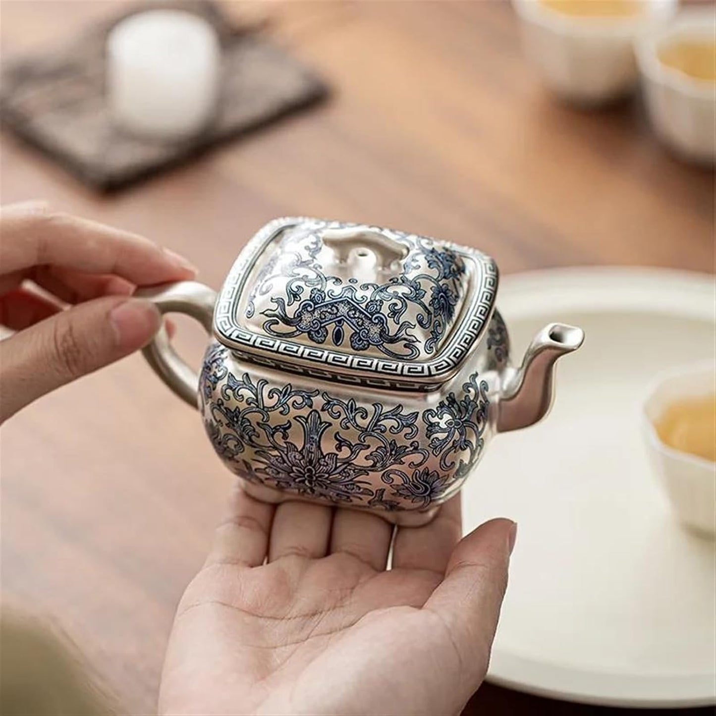 Afternoon Tea Set Gilded Silver Tea Pot Pure Handmade Enamel Colored Teapot Household Ceramic Kung Fu Tea Set Chinese Style Square Pot Gift Tea Set For Adults