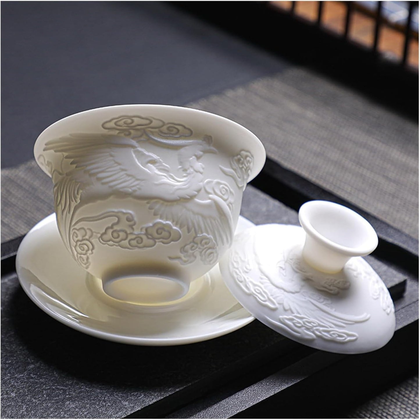 Chinese/Japanese Tea Set Ceramics Gaiwan 150ml relief dragon and phoenix pattern kung fu tea maker drinkware tea set tea bowls set Portable Teapot Set Tea Gift set (Size : Embossed Dragon)