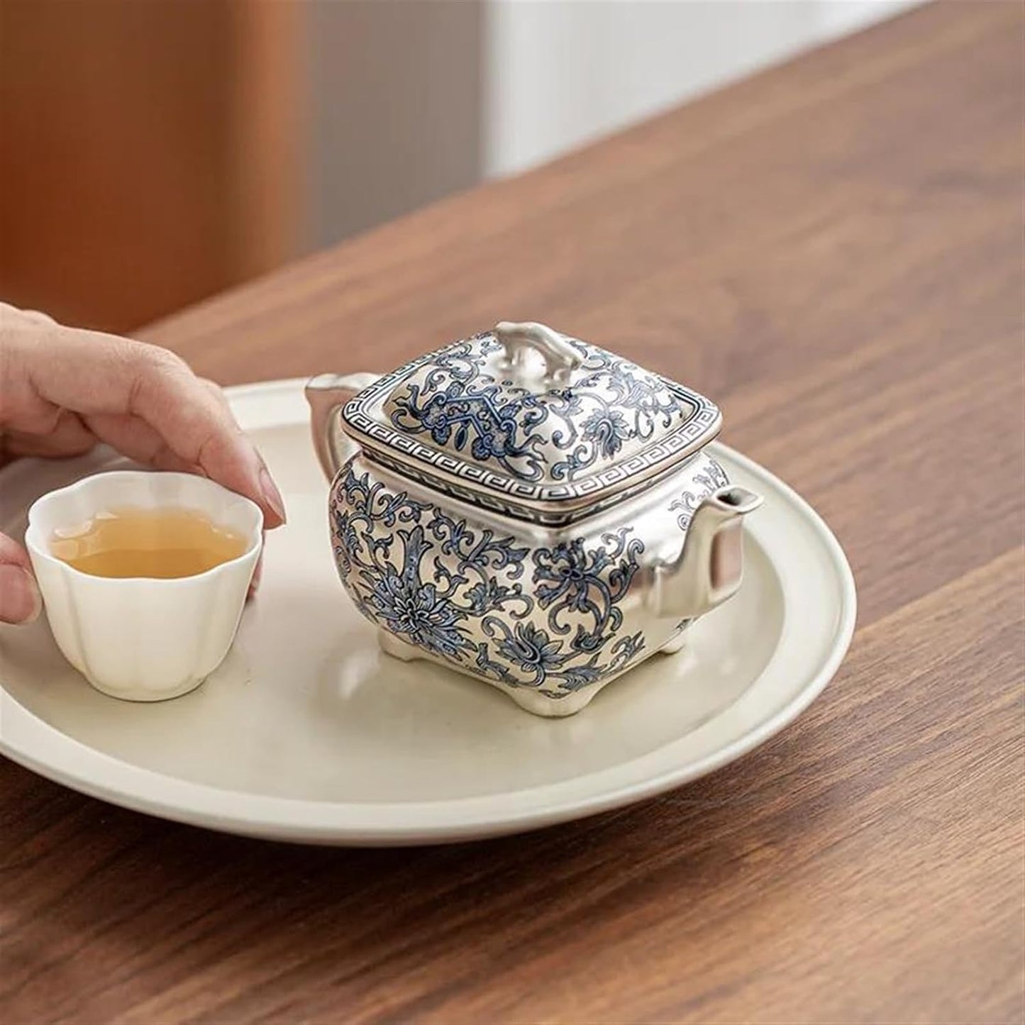 Afternoon Tea Set Gilded Silver Tea Pot Pure Handmade Enamel Colored Teapot Household Ceramic Kung Fu Tea Set Chinese Style Square Pot Gift Tea Set For Adults