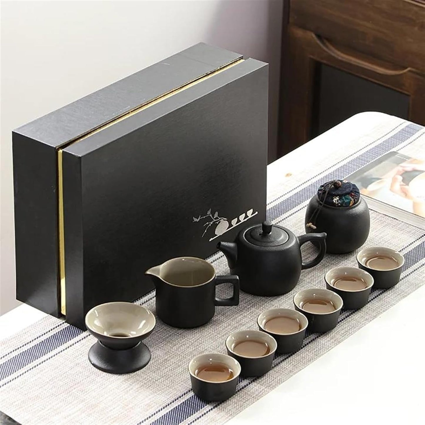 Afternoon Tea Set Black Pottery Kung Fu Tea Set Household Simple Ceramic Teapot Teacup Set of Gift Box Tea Set for Adults (Color : C)