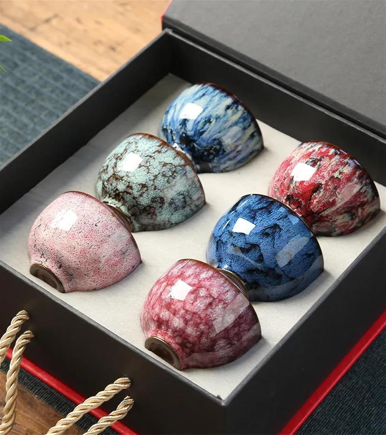 Afternoon Tea Set 6Pcs Ceramic Tea Cup Set Kiln Transformation Tea Cup Kung Fu Tea Set Tianmu Glazed Teacup Tea Bowl Chinese Tea Set Gift Box Tea Set for Adults (Color : F)