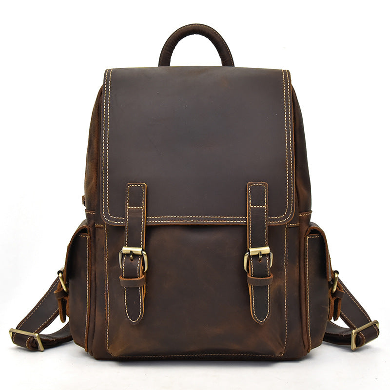 Men's Crazy Horse Leather Backpack Vintage Travel Daypack for Women Students, Genuine Leather Casual Rucksack Large Capacity