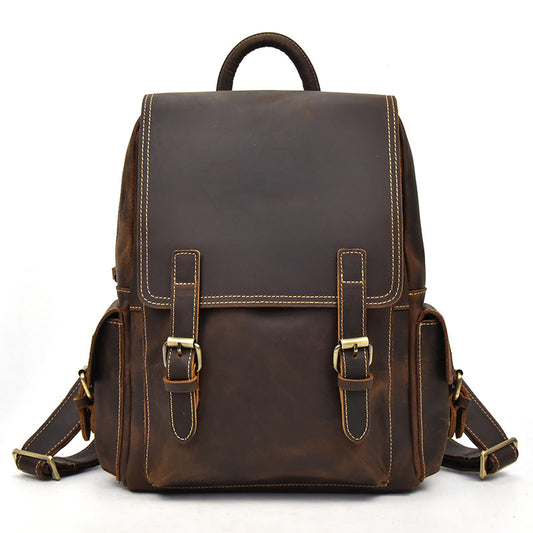 Men's Crazy Horse Leather Backpack Vintage Travel Daypack for Women Students, Genuine Leather Casual Rucksack Large Capacity