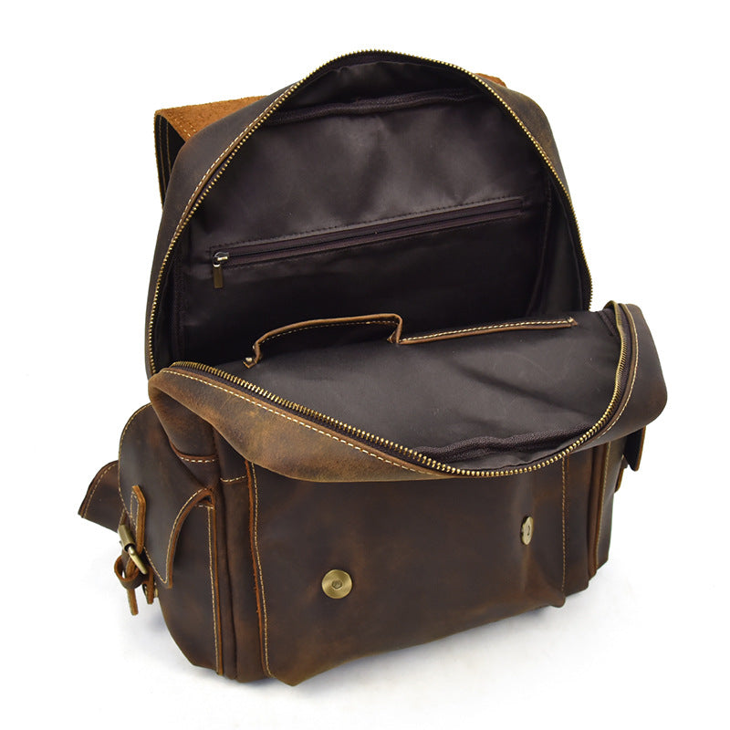 Men's Crazy Horse Leather Backpack Vintage Travel Daypack for Women Students, Genuine Leather Casual Rucksack Large Capacity