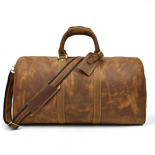 Vintage Crazy Horse Leather Large Capacity Travel Duffle, Top Handle Shoulder Crossbody Luggage, Premium Cowhide Bag for Men