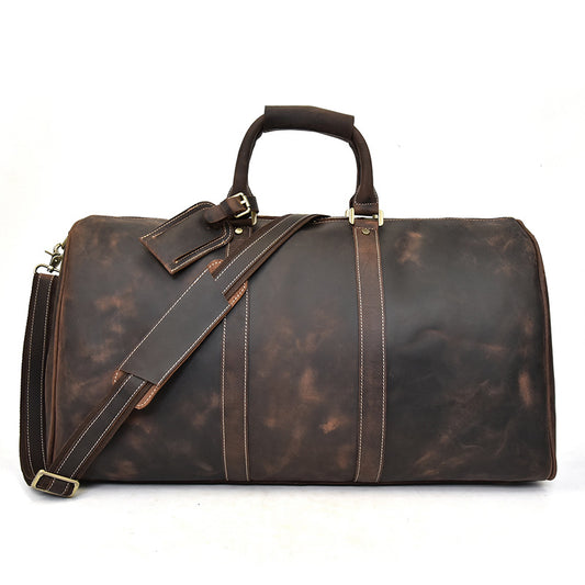 24-Inch Vintage Crazy Horse Leather Large Capacity Travel Duffle, Top Handle Shoulder Crossbody Luggage Bag, Premium Cowhide Weekender for Men