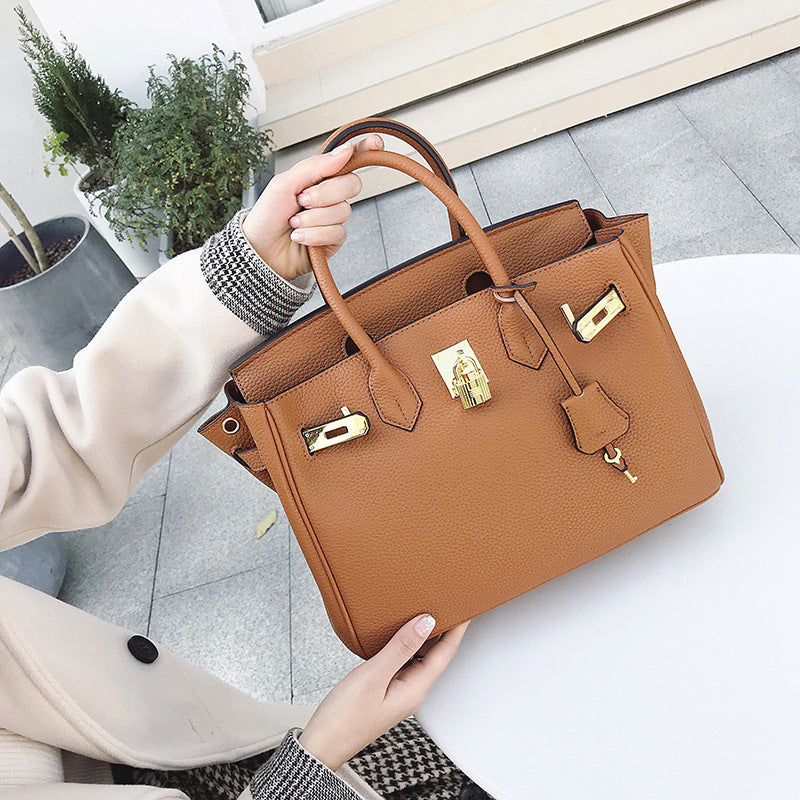 Premium Genuine Leather Tote Bag for Women, Birkin-Inspired Design with Pebbled Texture, Versatile Crossbody Handbag with Turn-Lock Closure, Ideal for Work & Daily Use