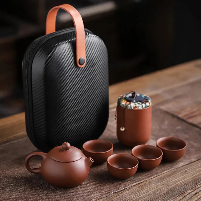 Purple Sand Tea Set One Pot of 4 Cups Tea Box Portable Outdoor Travel Pottery Teapot Tea Ceremony Chinese Tea Set Gifts 240729