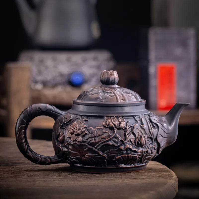 Purple Pottery Teapot Hand Carving Ceramic Drink Pot Kettle Pot Kung Fu Tea Set Pure Teapot Teapot for Tea Puer Tea