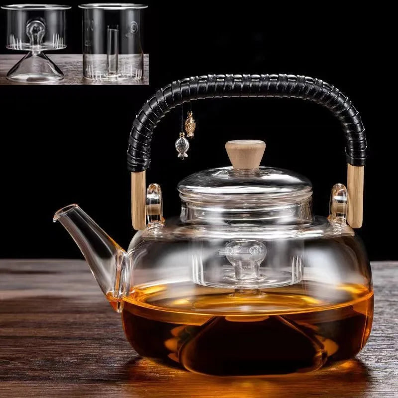 800ml Glass Tea Pot with Weave Handle Chinese Heat-resistant Glass Teapot Transparent Steaming Tea Glass Kettle Tea Set