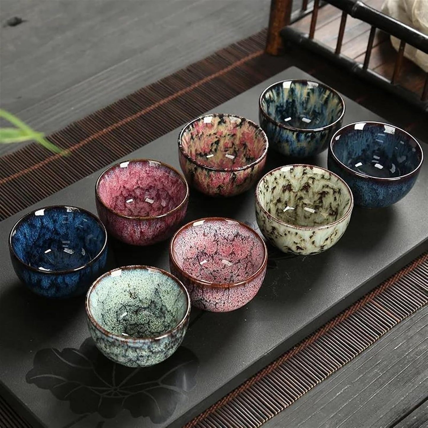 Afternoon Tea Set 6Pcs Ceramic Tea Cup Set Kiln Transformation Tea Cup Kung Fu Tea Set Tianmu Glazed Teacup Tea Bowl Chinese Tea Set Gift Box Tea Set for Adults (Color : F)