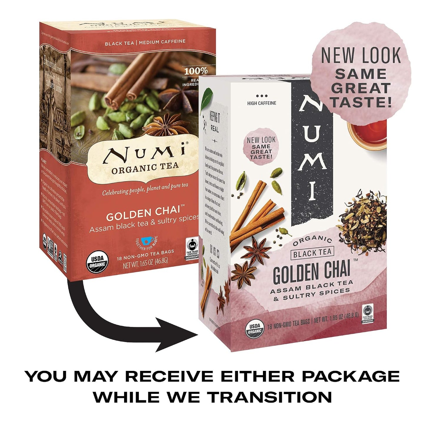 Numi Organic Tea Golden Chai, 18 Count Box of Tea Bags, Black Tea (Packaging May Vary) & Organic Tea Rooibos Chai, 18 Count Box of Tea Bags, Herbal Teasan, Caffeine-Free (Packaging May Vary)