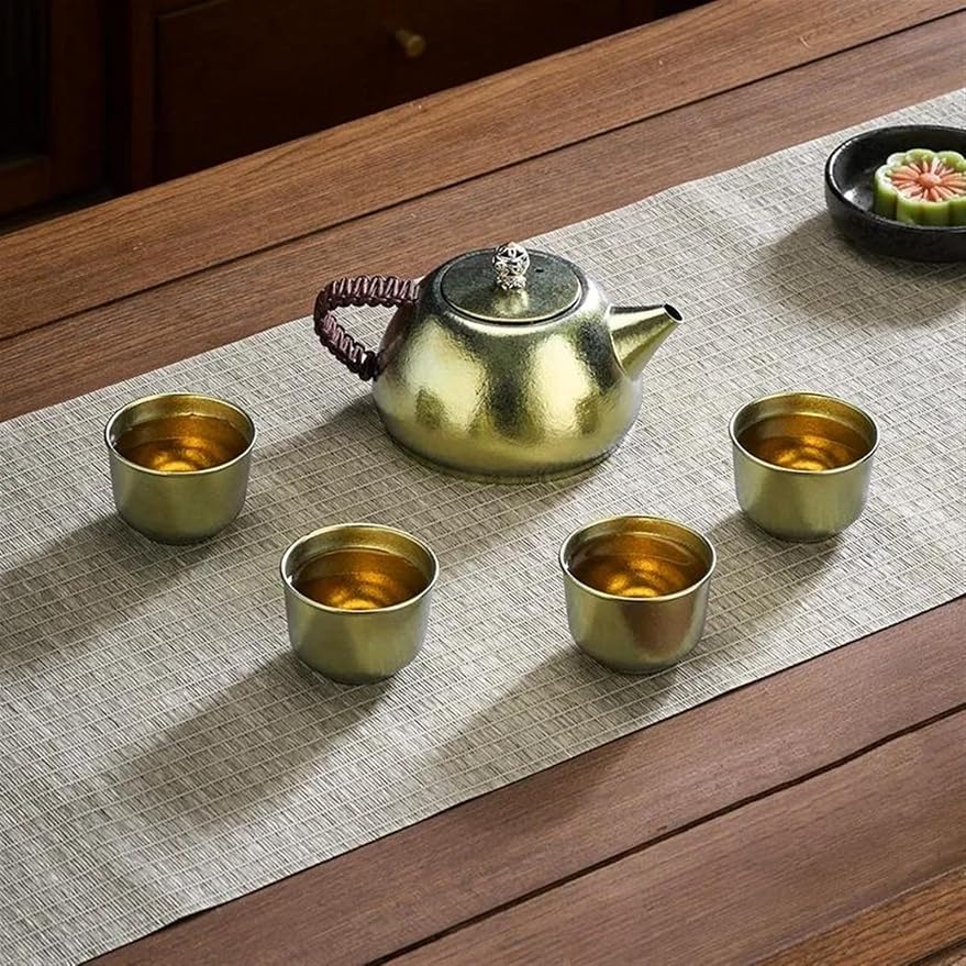 Afternoon Tea Set Chinese Tea Set with Box Pure Titanium Tea Pot Tea Cup Set High Grade Heat Resistant Round Kung Fu Tea Puer Tea Set Tea Set for Adults (Color : Golden)