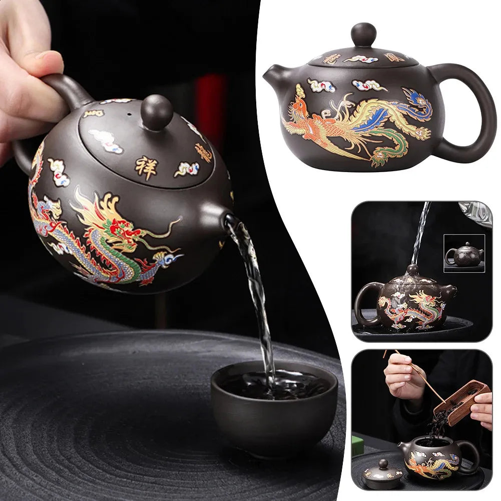 Vintage Dragons Phoenixs Purple Clay Teapot Household KungFu Tea Pot For Brewings Tea 240726