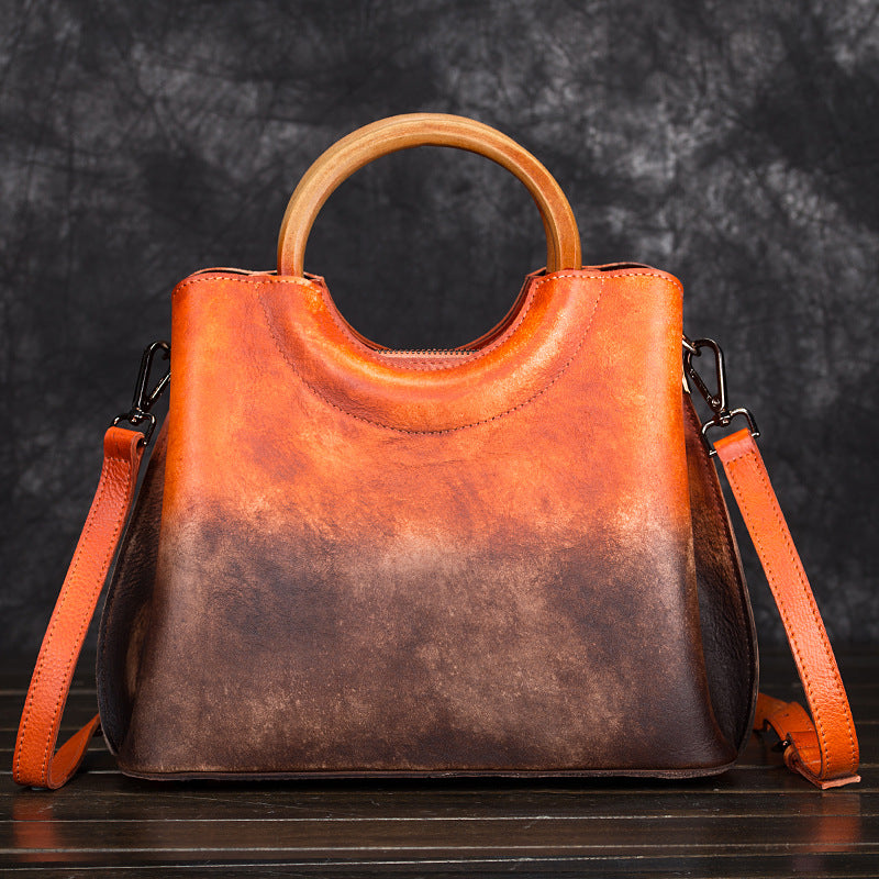 Genuine Vegetable-Tanned Leather Handmade Color Block Handbag for Women, Vintage Hand-Burnished Crossbody Top Handle Purse, Trendy Casual Bag for Ladies