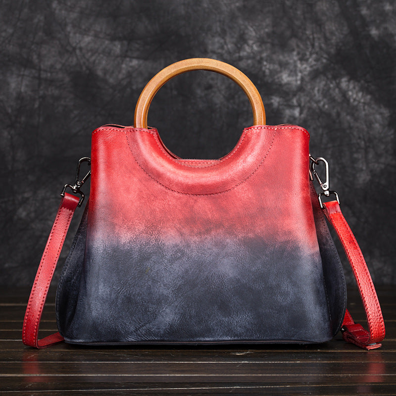 Genuine Vegetable-Tanned Leather Handmade Color Block Handbag for Women, Vintage Hand-Burnished Crossbody Top Handle Purse, Trendy Casual Bag for Ladies