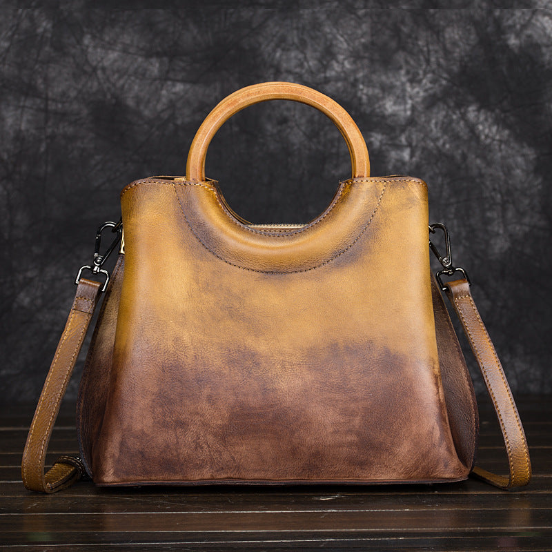 Genuine Vegetable-Tanned Leather Handmade Color Block Handbag for Women, Vintage Hand-Burnished Crossbody Top Handle Purse, Trendy Casual Bag for Ladies