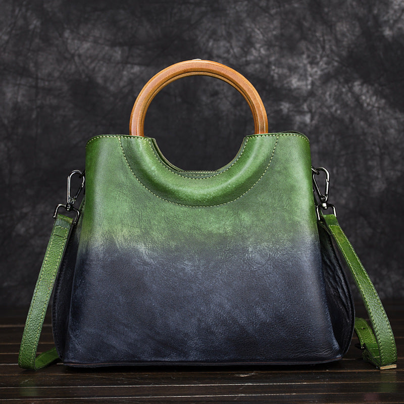 Genuine Vegetable-Tanned Leather Handmade Color Block Handbag for Women, Vintage Hand-Burnished Crossbody Top Handle Purse, Trendy Casual Bag for Ladies