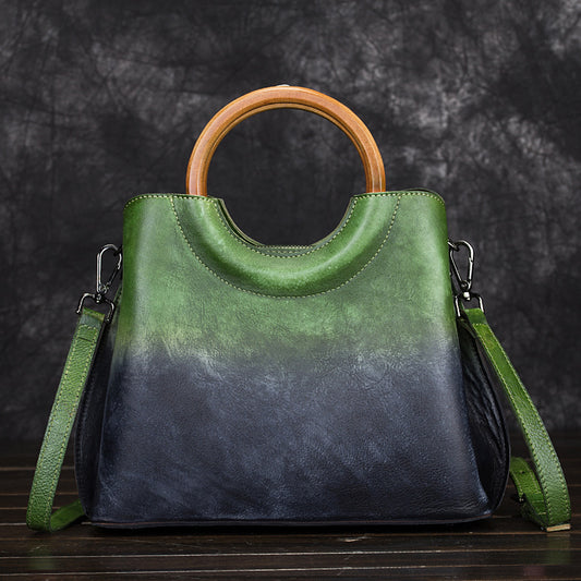 Genuine Vegetable-Tanned Leather Handmade Color Block Handbag for Women, Vintage Hand-Burnished Crossbody Top Handle Purse, Trendy Casual Bag for Ladies