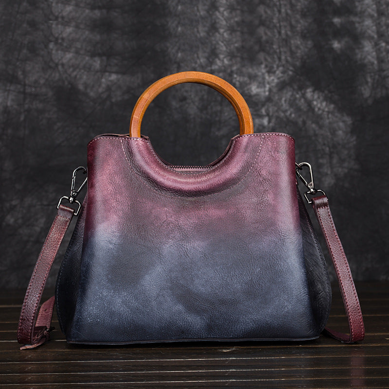 Genuine Vegetable-Tanned Leather Handmade Color Block Handbag for Women, Vintage Hand-Burnished Crossbody Top Handle Purse, Trendy Casual Bag for Ladies